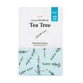 ETUDE Tea Tree water tip sheet mask packaging, featuring a white top half with black text and a light blue bottom half decorated with green tea tree branch illustrations.