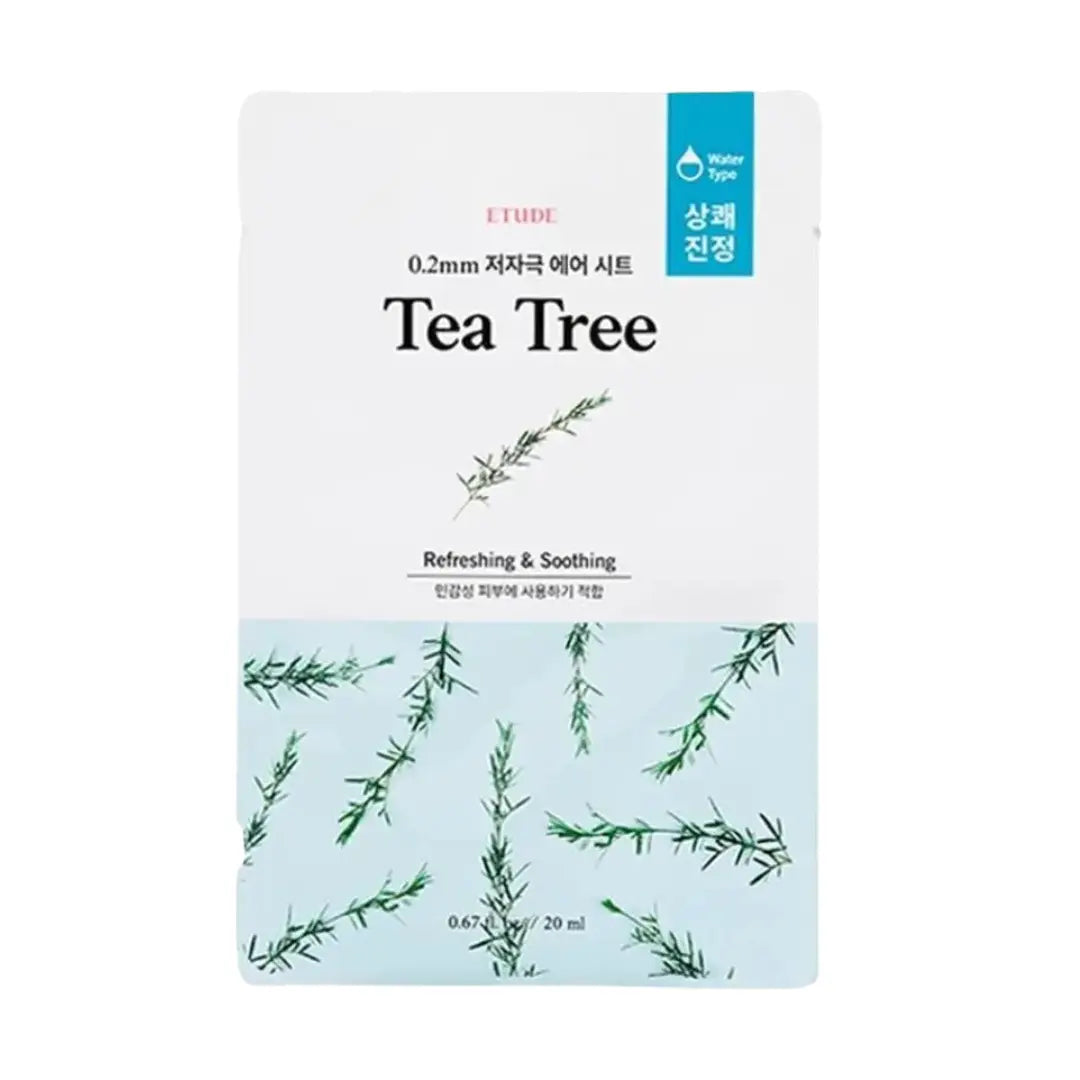 ETUDE Tea Tree water tip sheet mask packaging, featuring a white top half with black text and a light blue bottom half decorated with green tea tree branch illustrations.