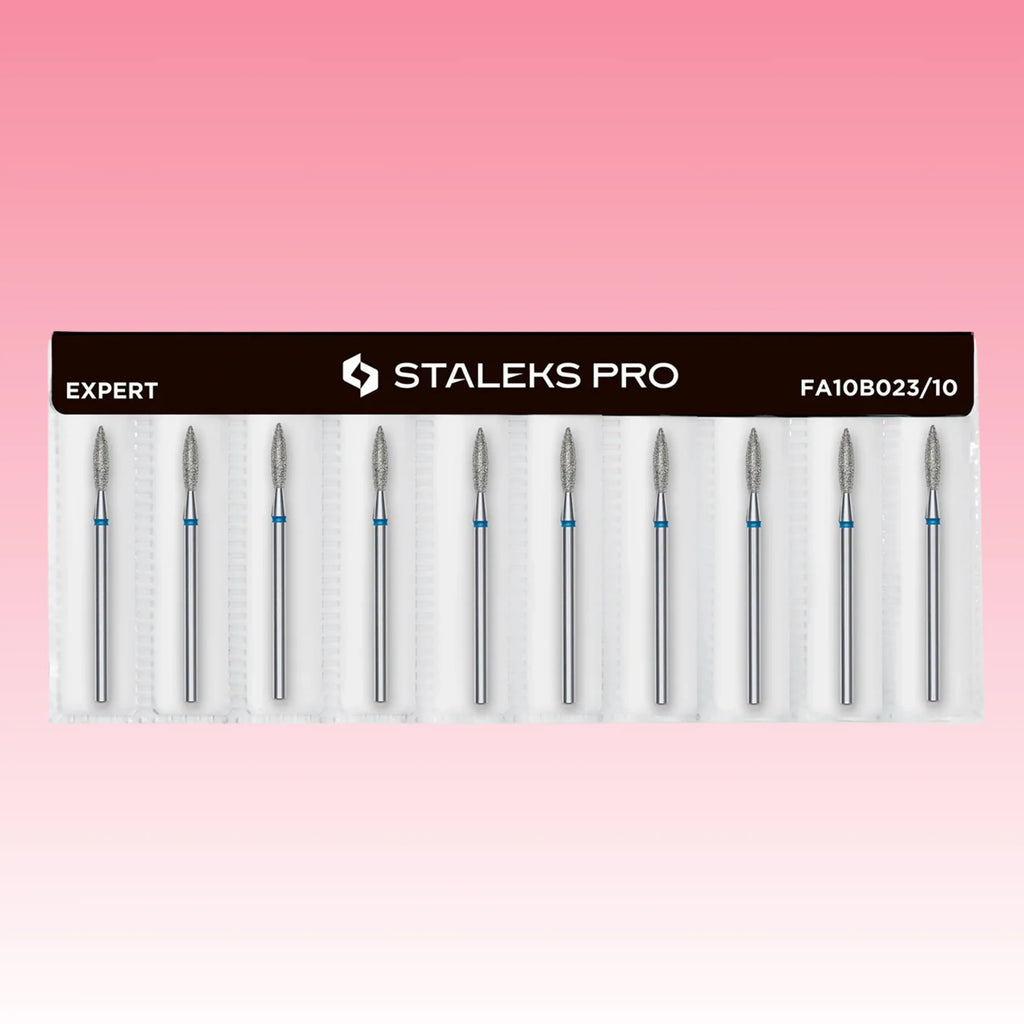 Flame-shaped diamond nail drill bit for refining cuticles, nail shaping, and podiatry treatments.