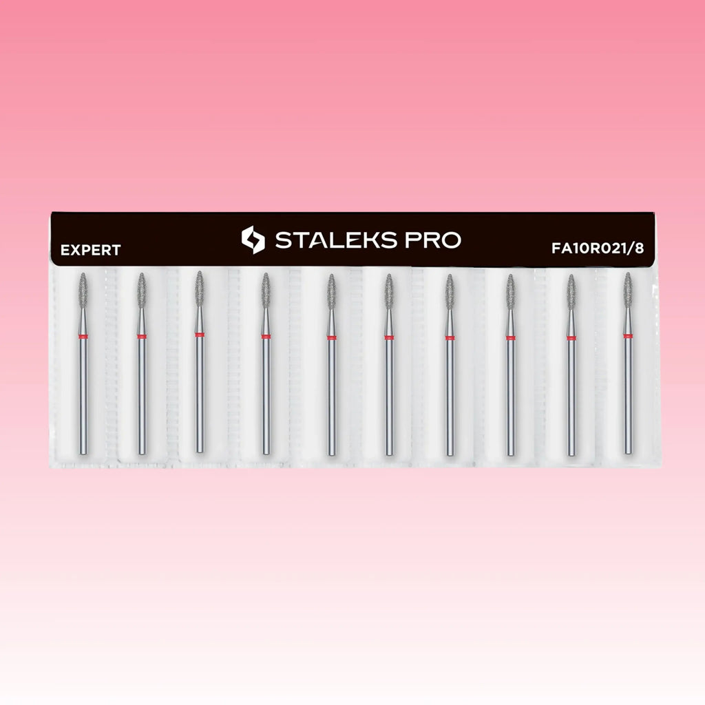 Soft abrasive red nail drill bit for safe and precise manicures and pedicures.