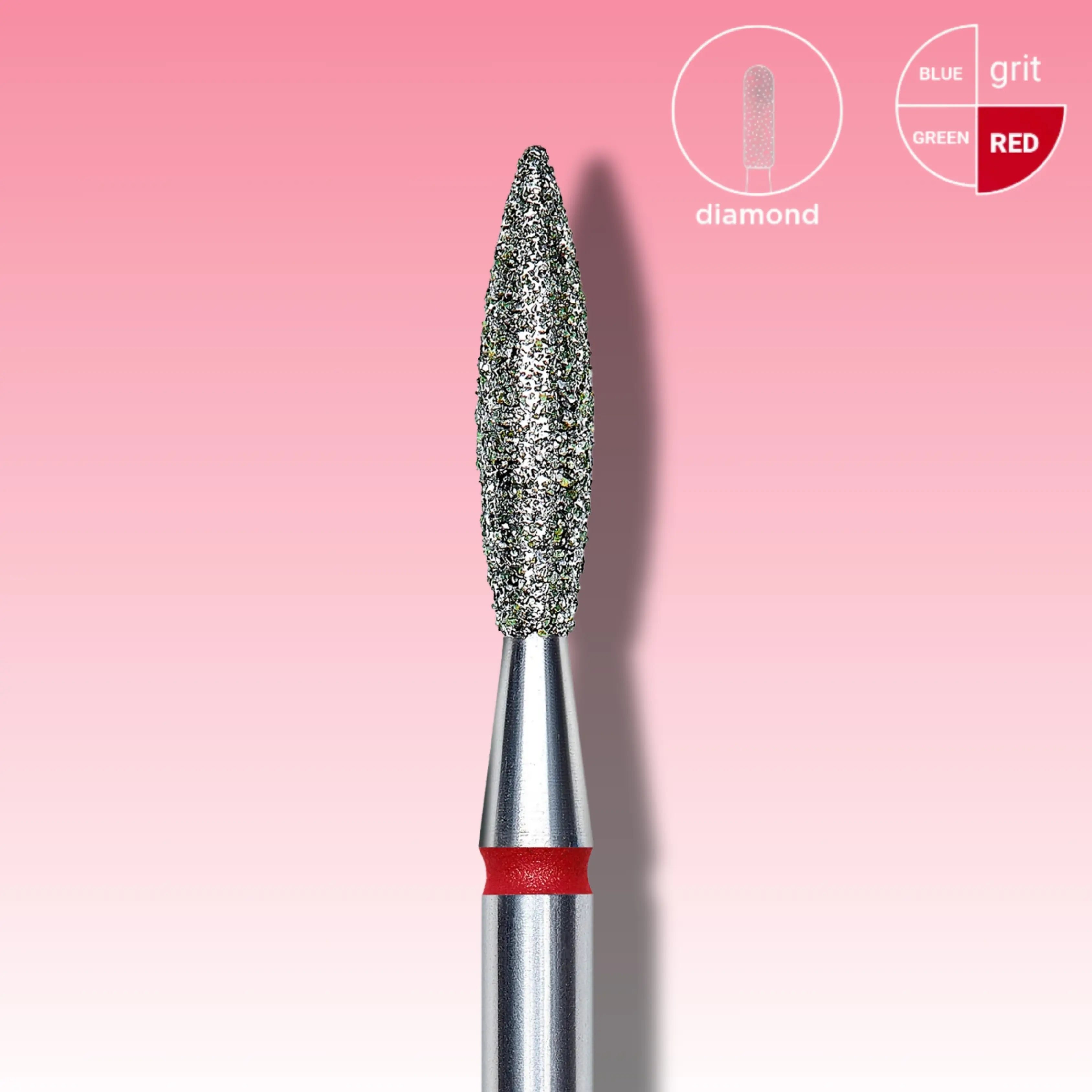Flame-shaped diamond nail drill bit for delicate cuticle removal and refining.