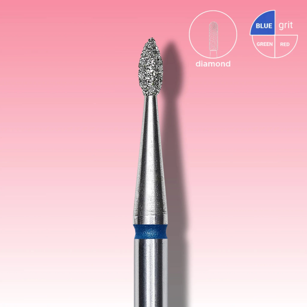 Drop-shaped diamond nail drill bit for precise cuticle lifting and filing under nails.