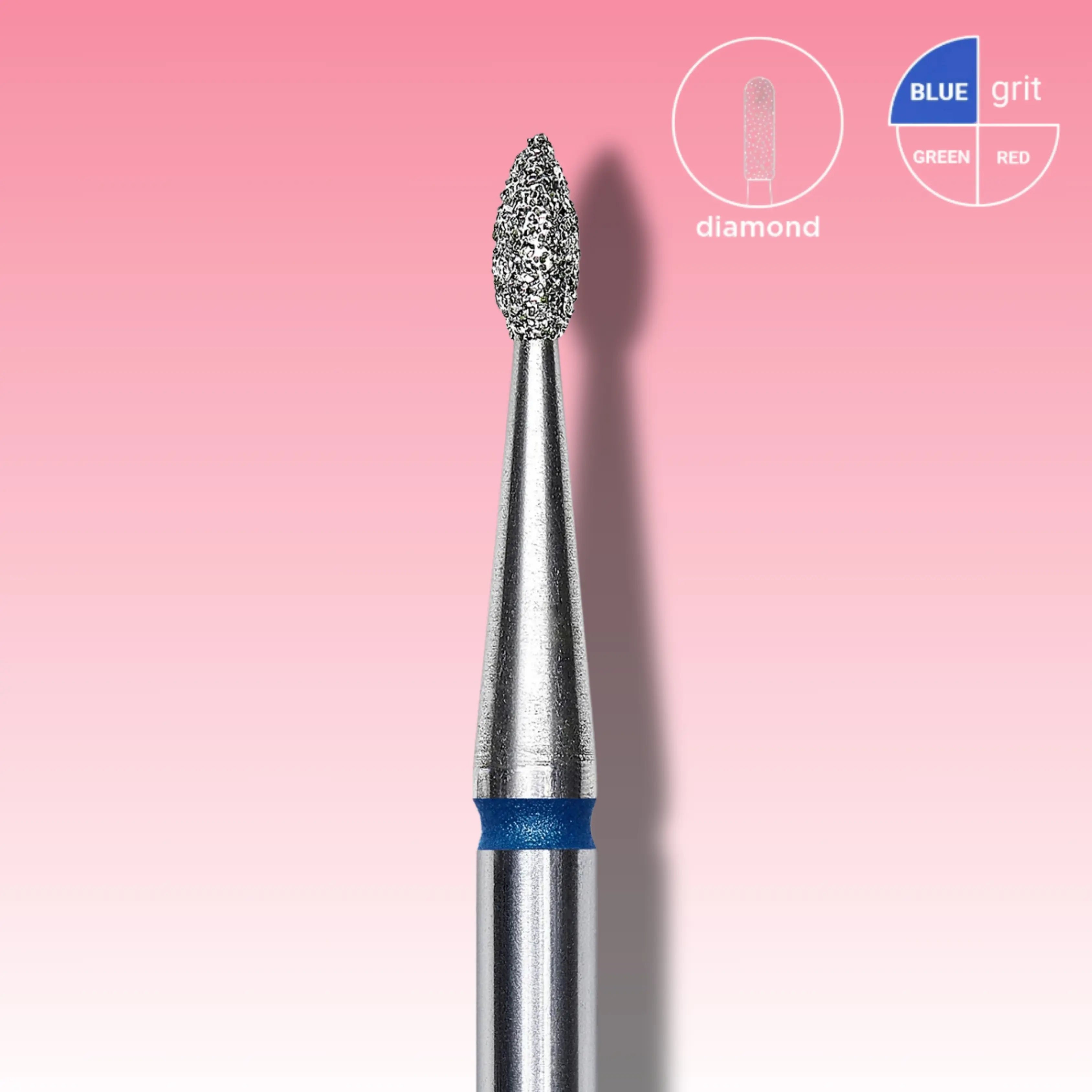 Drop-shaped diamond nail drill bit for precise cuticle lifting and filing under nails.