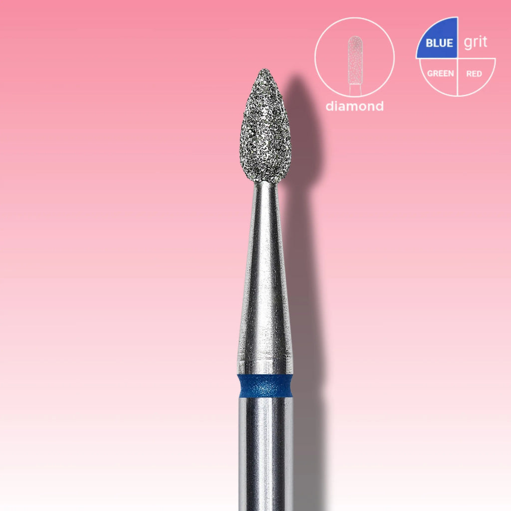 Drop-shaped diamond nail drill bit for efficient cuticle lifting and under-nail filing.