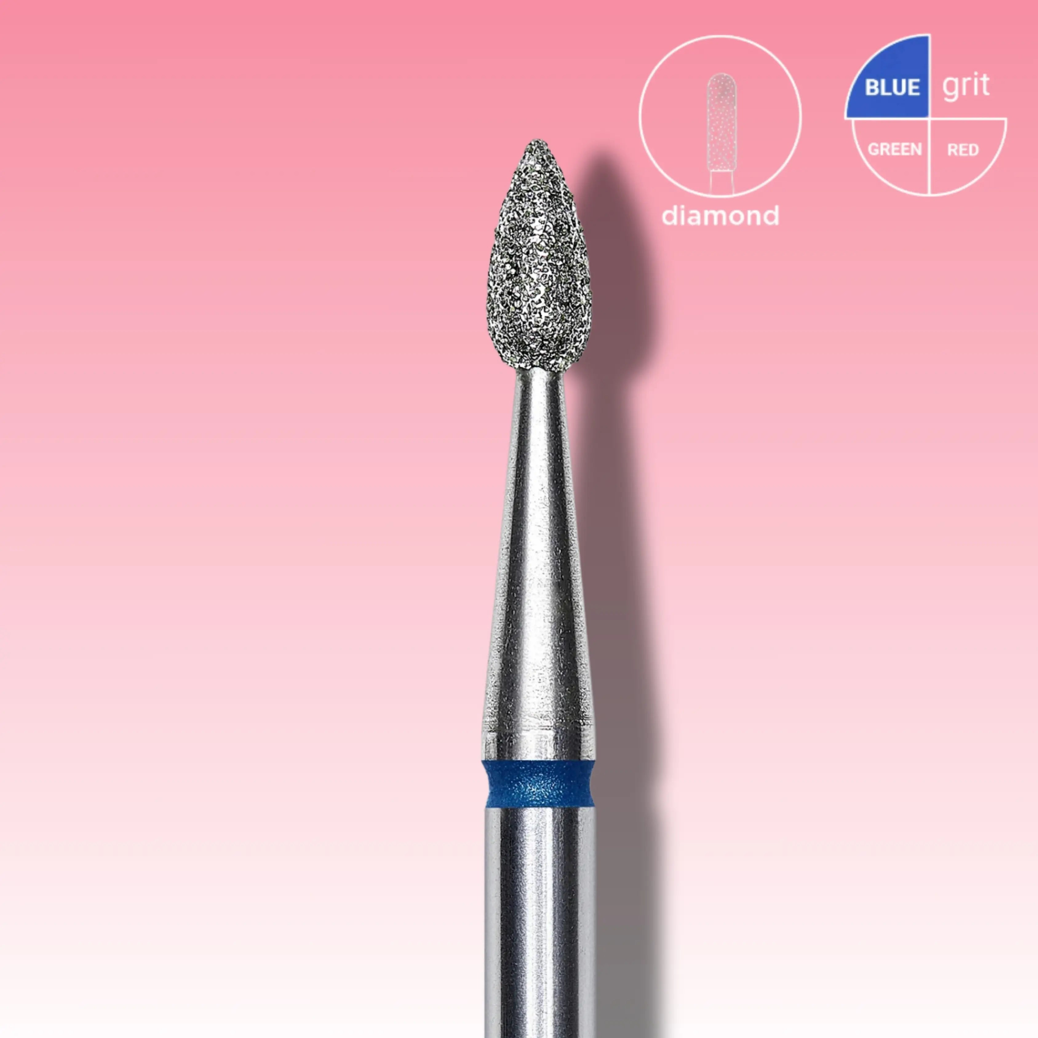 Drop-shaped diamond nail drill bit for efficient cuticle lifting and under-nail filing.