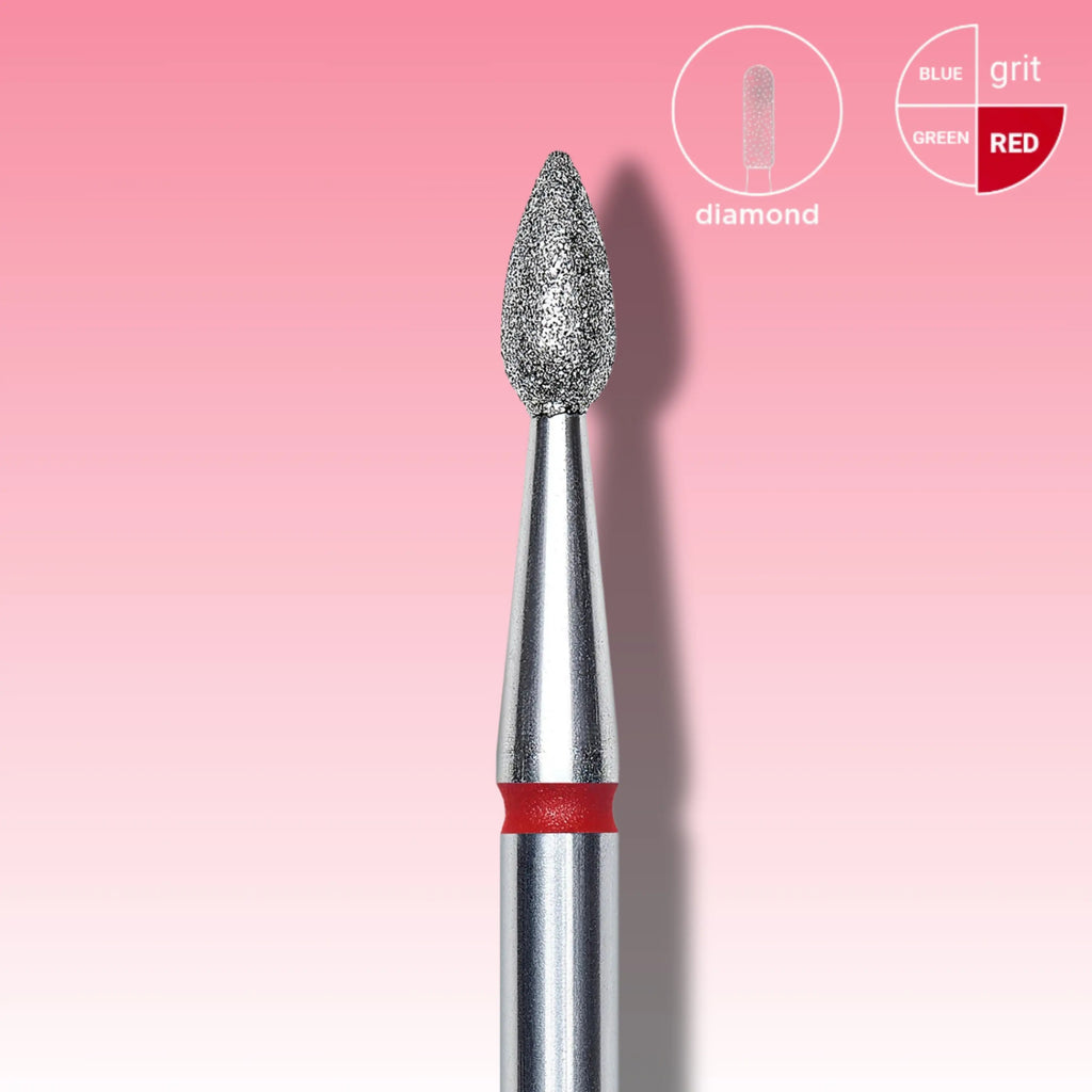 Drop-shaped diamond nail drill bit for delicate cuticle removal and under-nail filing.