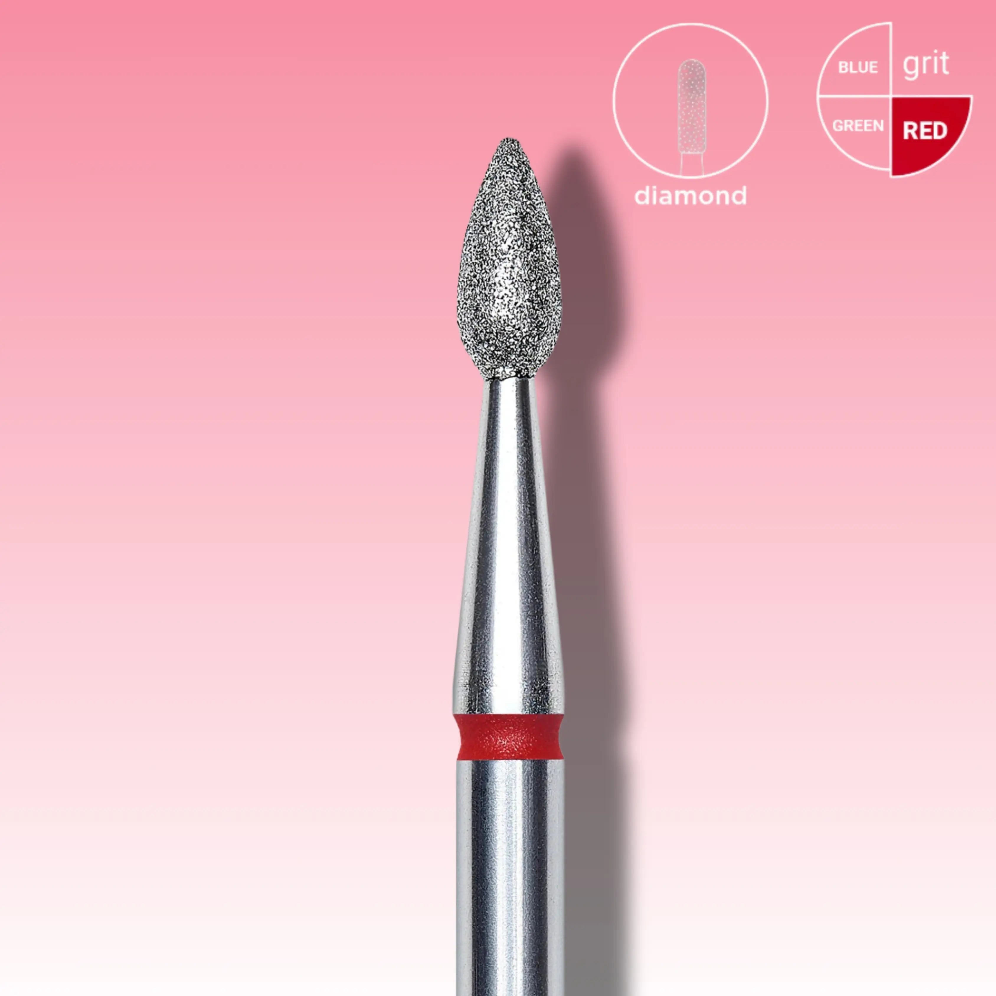 Drop-shaped diamond nail drill bit for delicate cuticle removal and under-nail filing.