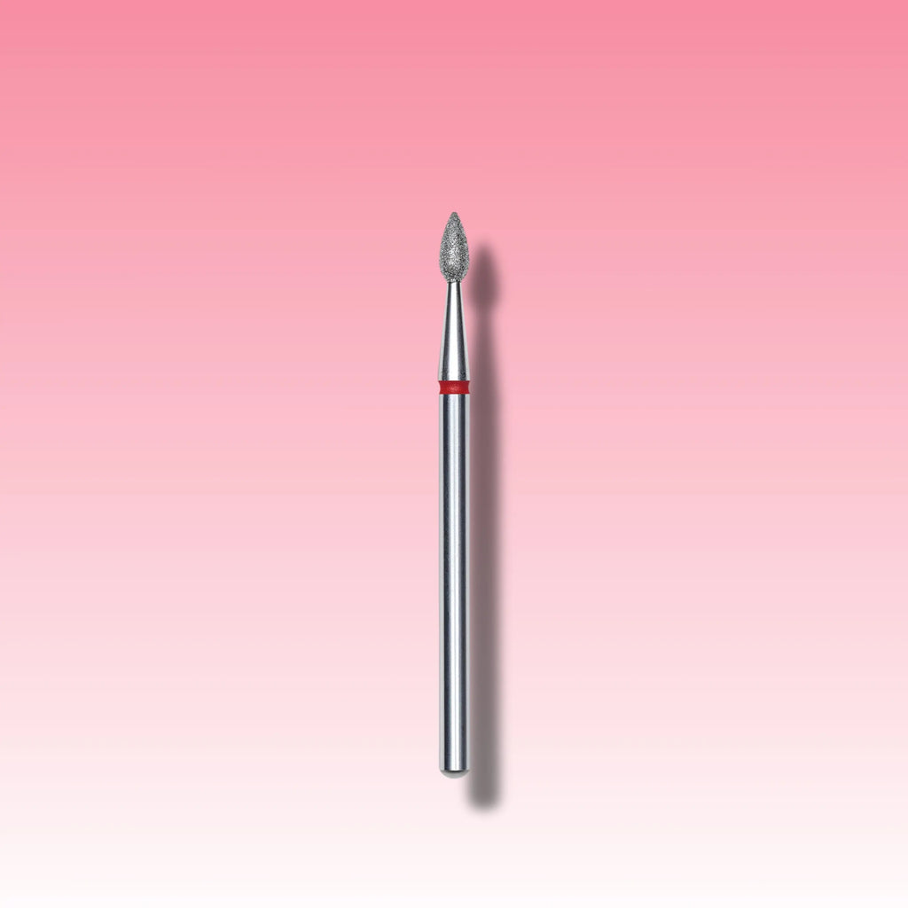 Soft abrasive red nail drill bit for safe and precise manicures and pedicures.