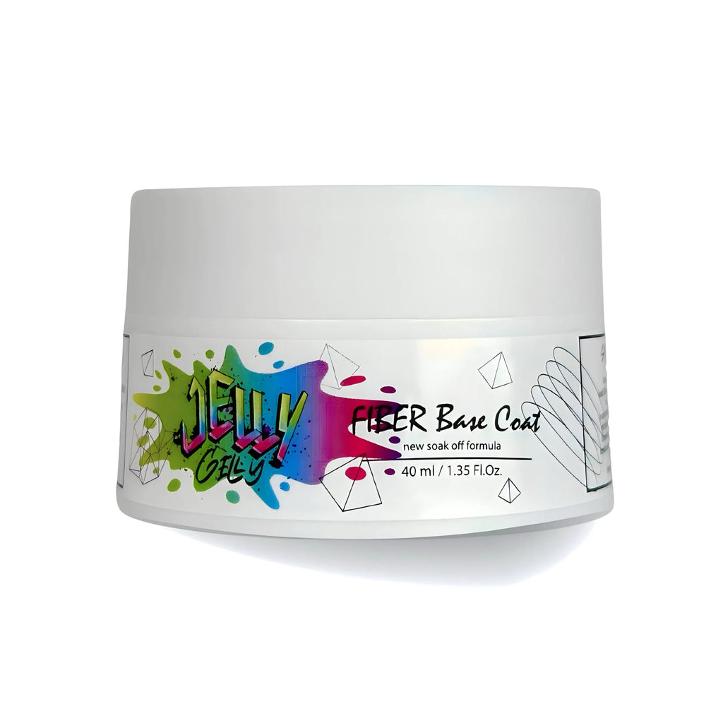 Jelly Gelly Fiber Base Coat Powder Puff 40ml – Glass fiber-based base coat for strong adhesion and durability. Medium thickness, self-leveling, and quick curing for smooth nails.