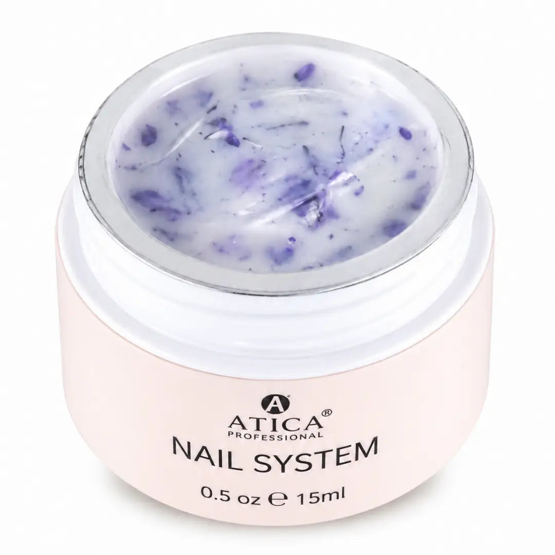 Jar of Atica Professional nail system gel with purple and white marbled texture on a white background