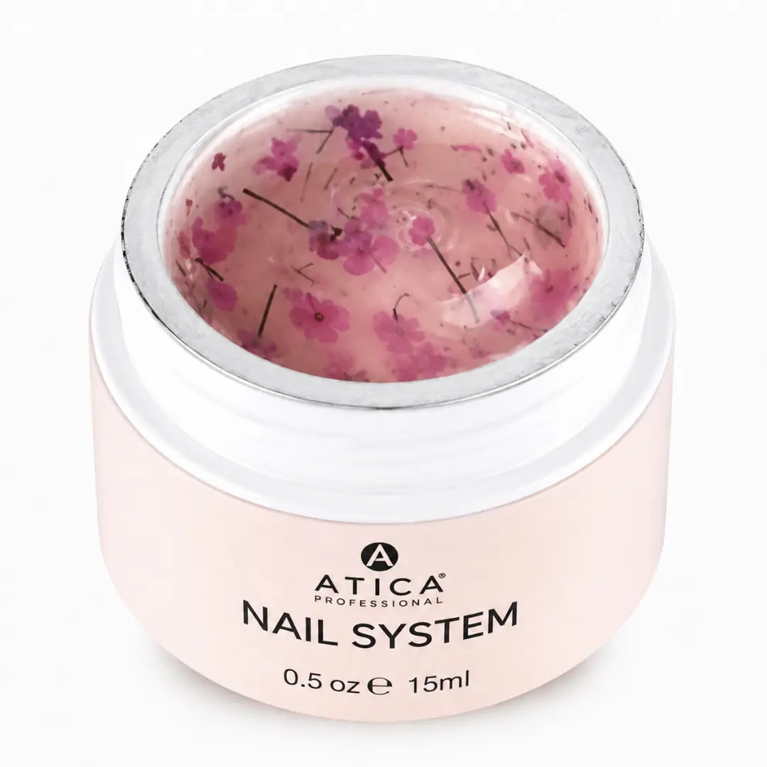 Pink nail gel in a jar with Atica Professional branding on a white background