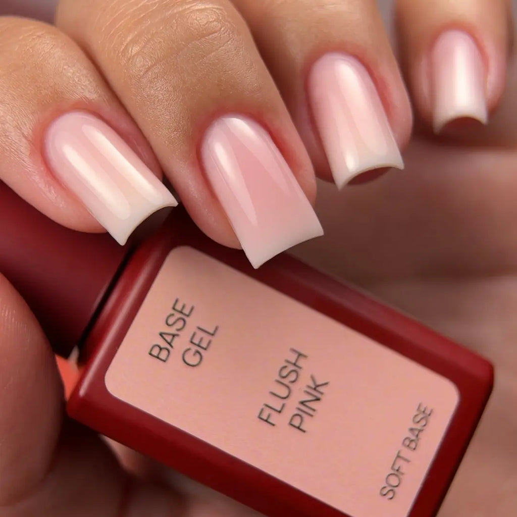 Nail polish with 'Flush Pink' color and 'Base Gel' text on a blurred background