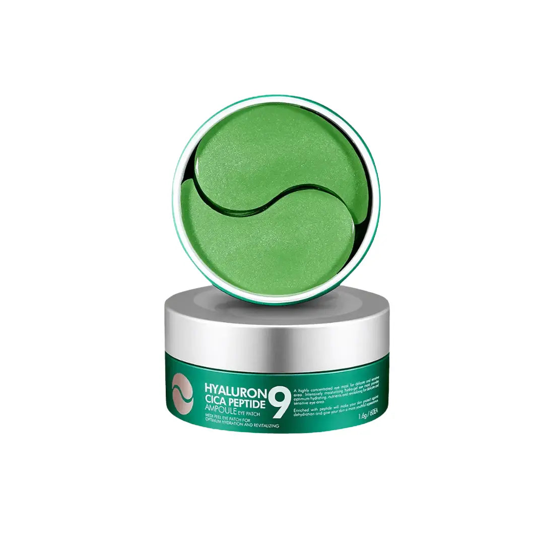 Green eye patches in a container with 'Hyaluron Cica Peptide 9' branding on a white background