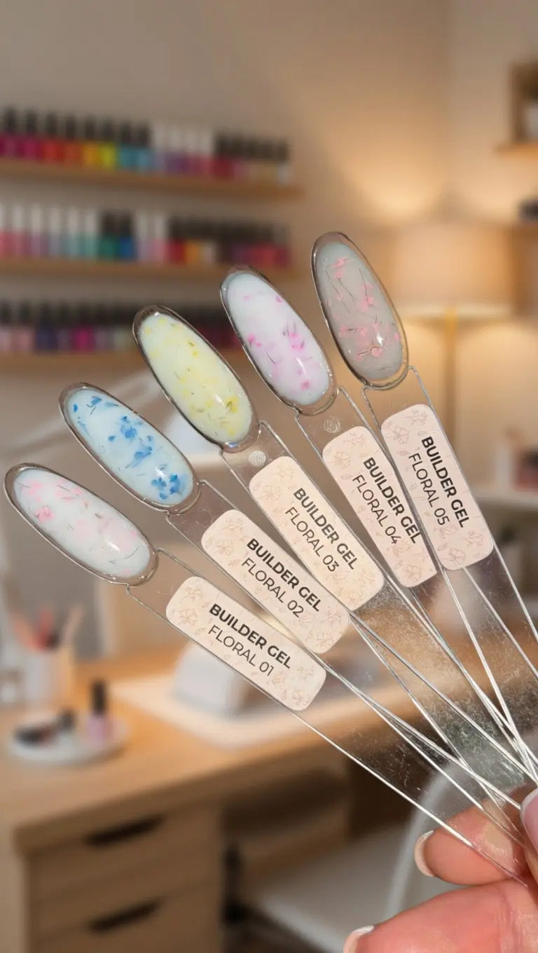 Set of Builder Gel applicators with colorful designs held by a hand, blurred background of nail polish bottles.