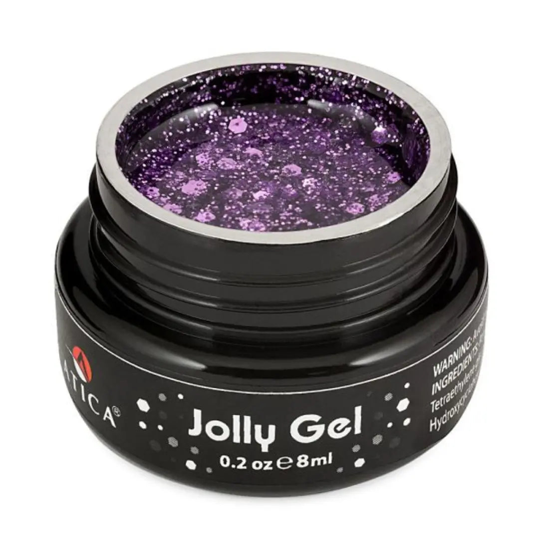 Atica Jolly Gel Violet 8ml – open jar with deep purple glitter nail gel.

