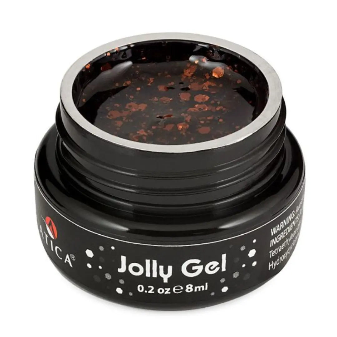 Atica Jolly Gel Brown 8ml – open jar with shimmering brown glitter nail gel.
