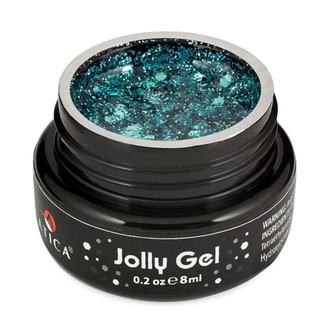 Atica Jolly Gel Blue 8ml – open jar with shimmering blue glitter gel.