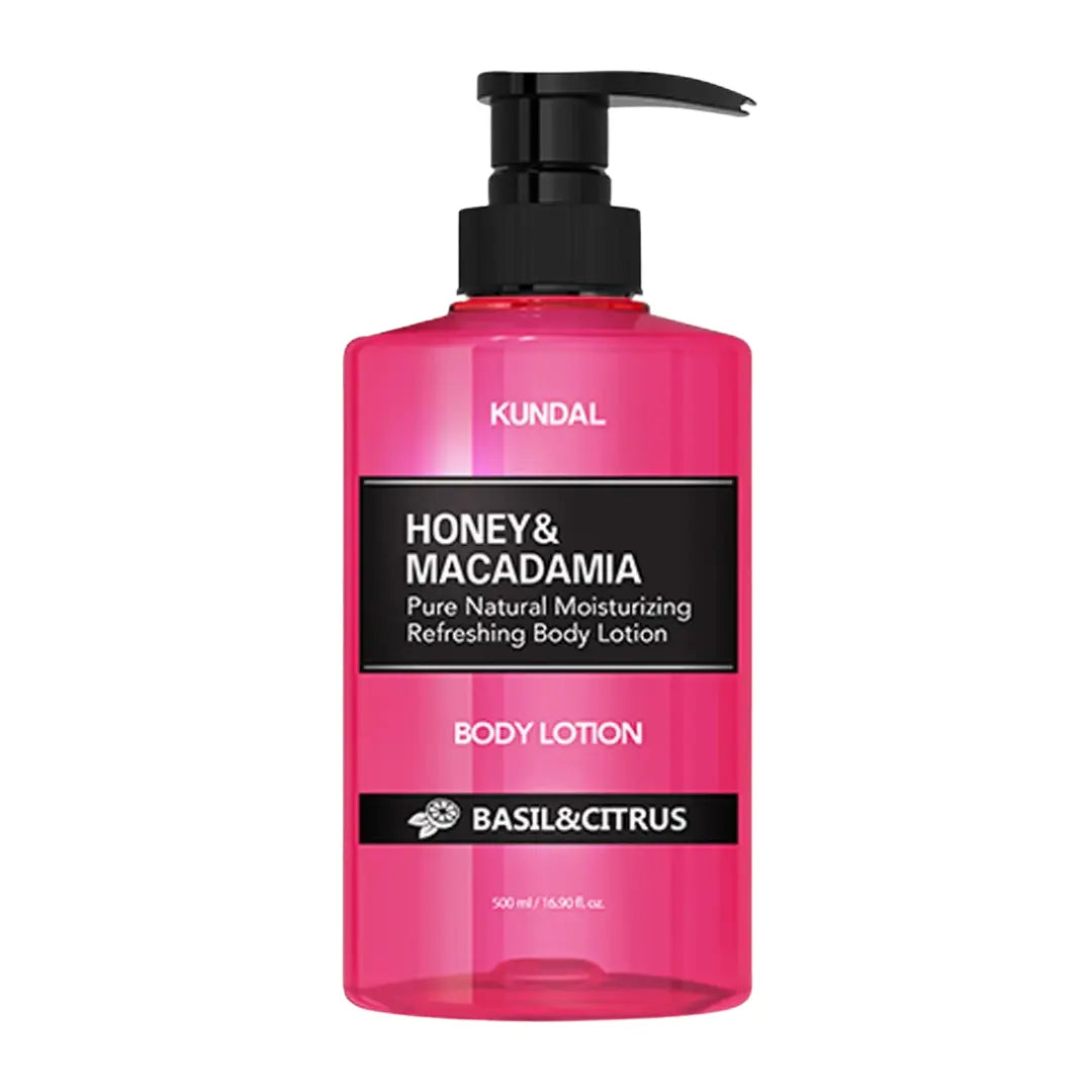 KUNDAL Honey & Macadamia Pure Body Lotion Basil & Citrus 500ml pump bottle, hydrating herbal citrus body moisturiser