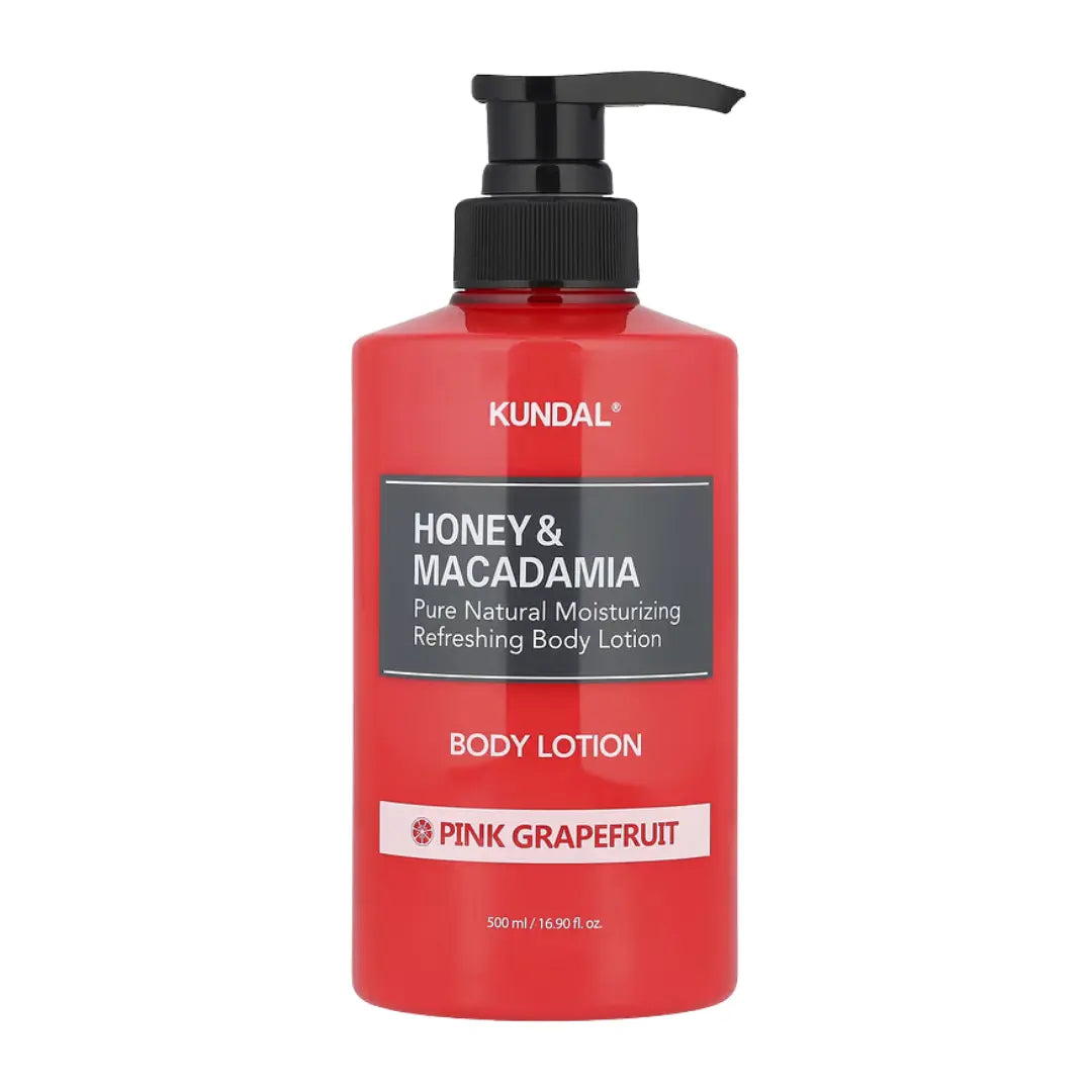 KUNDAL Honey & Macadamia Pure Body Lotion Pink Grapefruit 500ml pump bottle, hydrating citrus body moisturiser