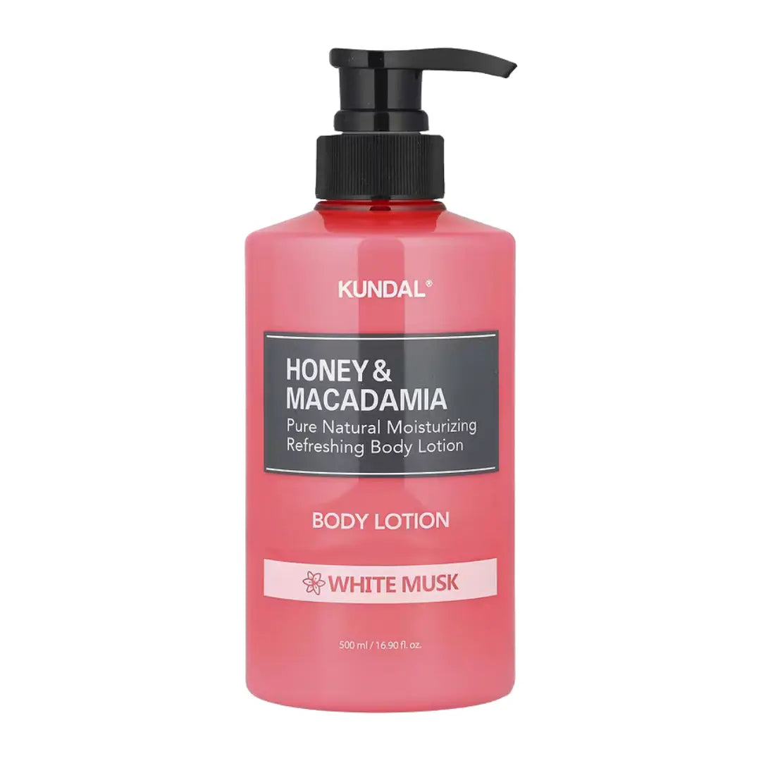 KUNDAL Honey & Macadamia Pure Body Lotion White Musk 500ml pump bottle, hydrating musk-scented body moisturiser