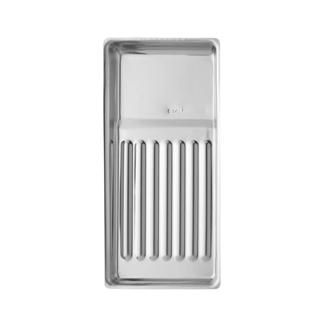 Stainless steel tool tray with undulating bottom for convenient tool placement and disinfection, resistant to all types of disinfection and sterilization.