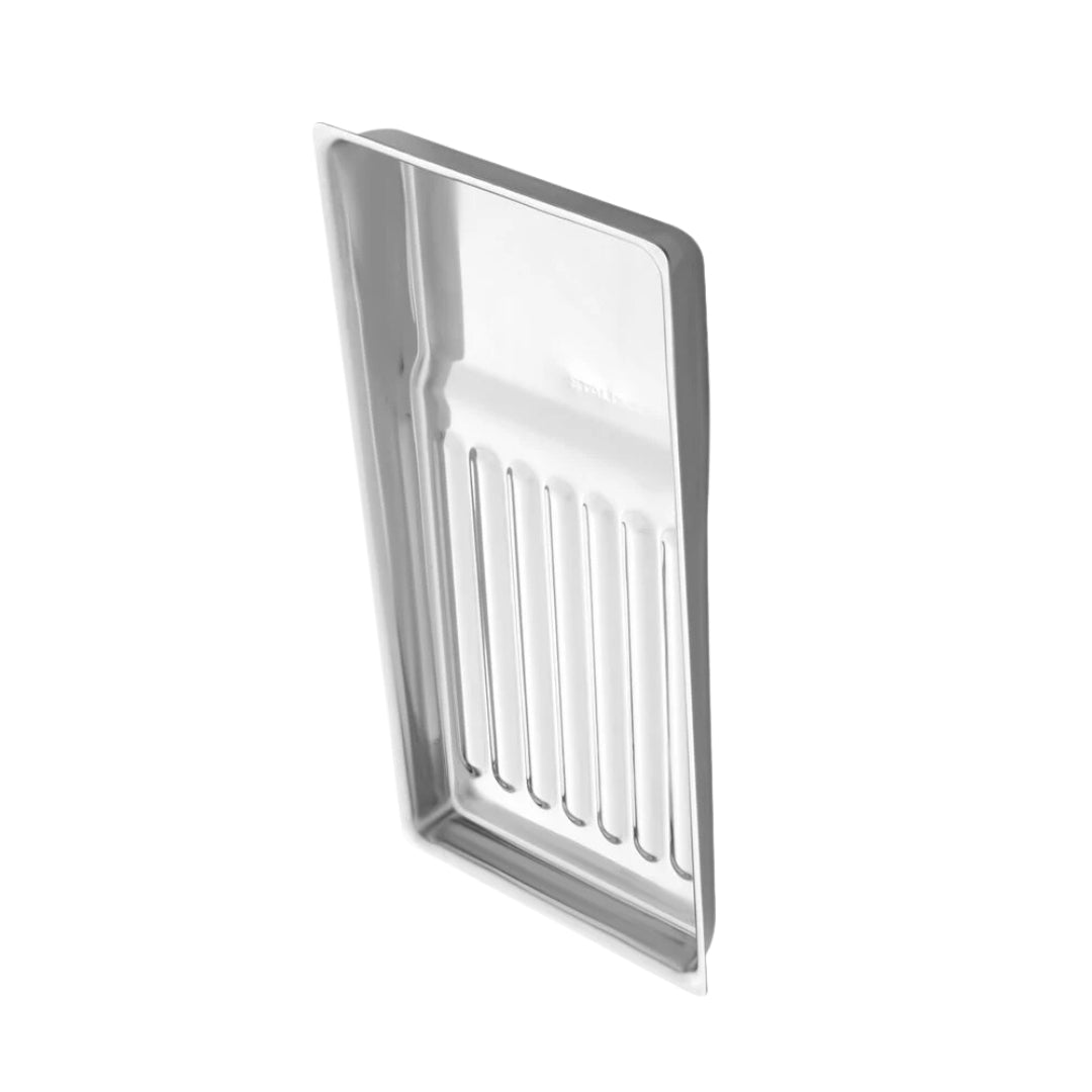 Stainless steel tool tray with undulating bottom for convenient tool placement and disinfection, resistant to all types of disinfection and sterilization.