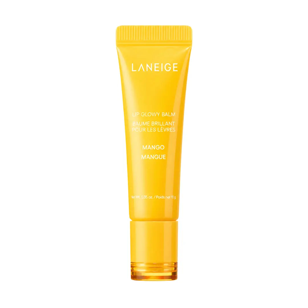 LANEIGE Lip Glowy Balm Mango 10g tube showing yellow glossy tint texture