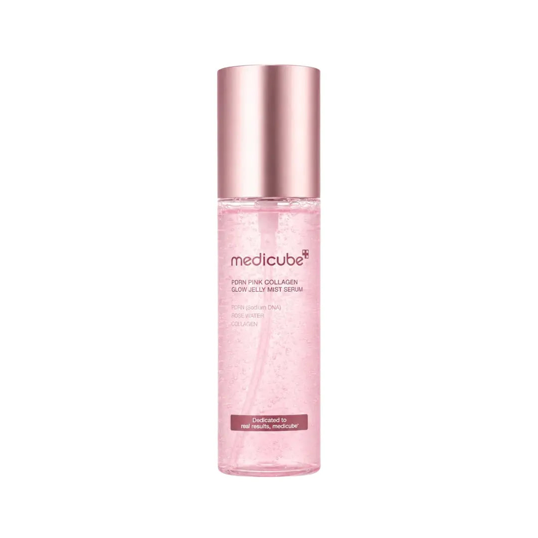 Medicube PDRN Pink Collagen Glow Jelly Mist Serum 100ml bottle, dual-texture pink hydrating glow mist
