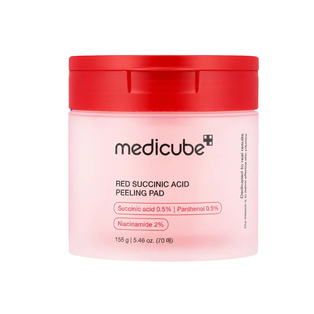 Medicube Red Succinic Acid Peeling Pad tub, 70 double-sided exfoliating toner pads for acne-prone skin