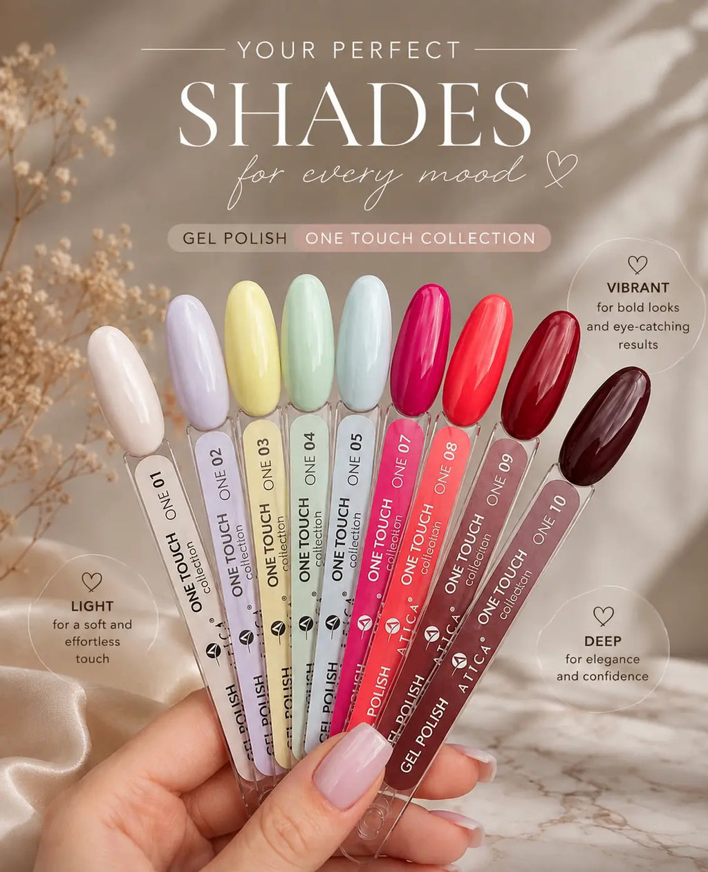 A hand holds a fan of gel nail polish pens with multiple color swatches visible, under the text 'YOUR PERFECT SHADES for every mood' and 'GEL POLISH ONE TOUCH COLLECTION'. The shades shown include light beige, lavender, pale yellow, mint, light blue, bright pink, coral red, mauve, and deep burgundy.