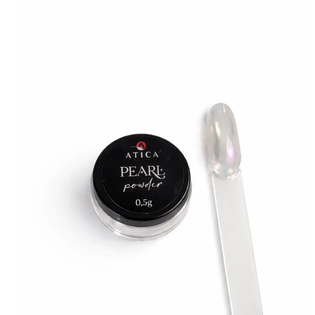 Atica Pearl powder container with a nail chip on a white background