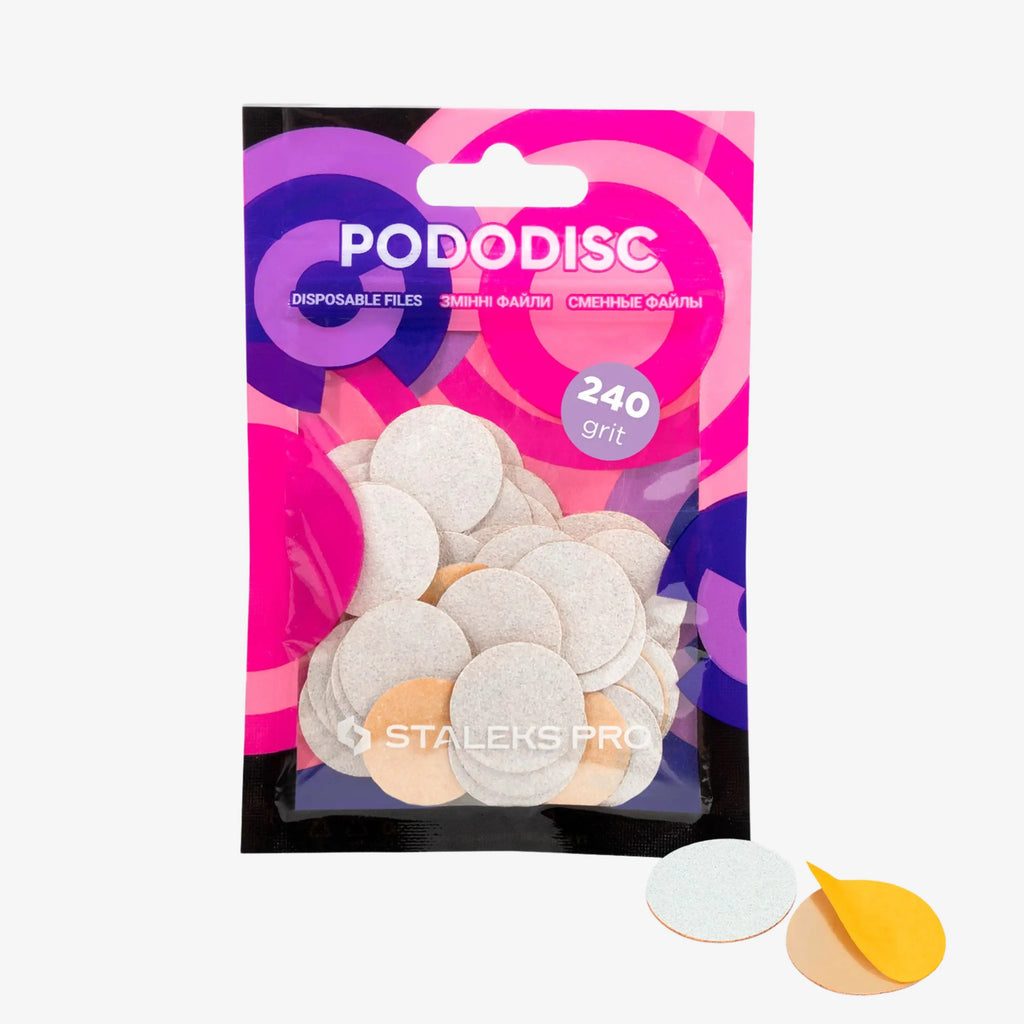 White disposable refill pads (240 grit) for PODODISC STALEKS PRO M – 50 pcs for smooth, polished foot care.