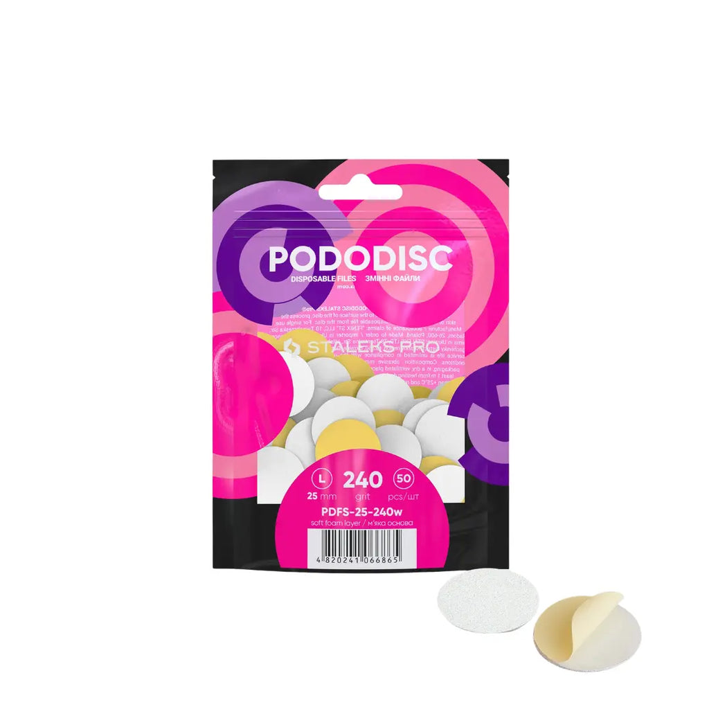 Staleks Expert 25 Pododisc L adhesive pedicure files on soft foam layer, 240 grit, 50-piece pack, single-use white abrasive files
