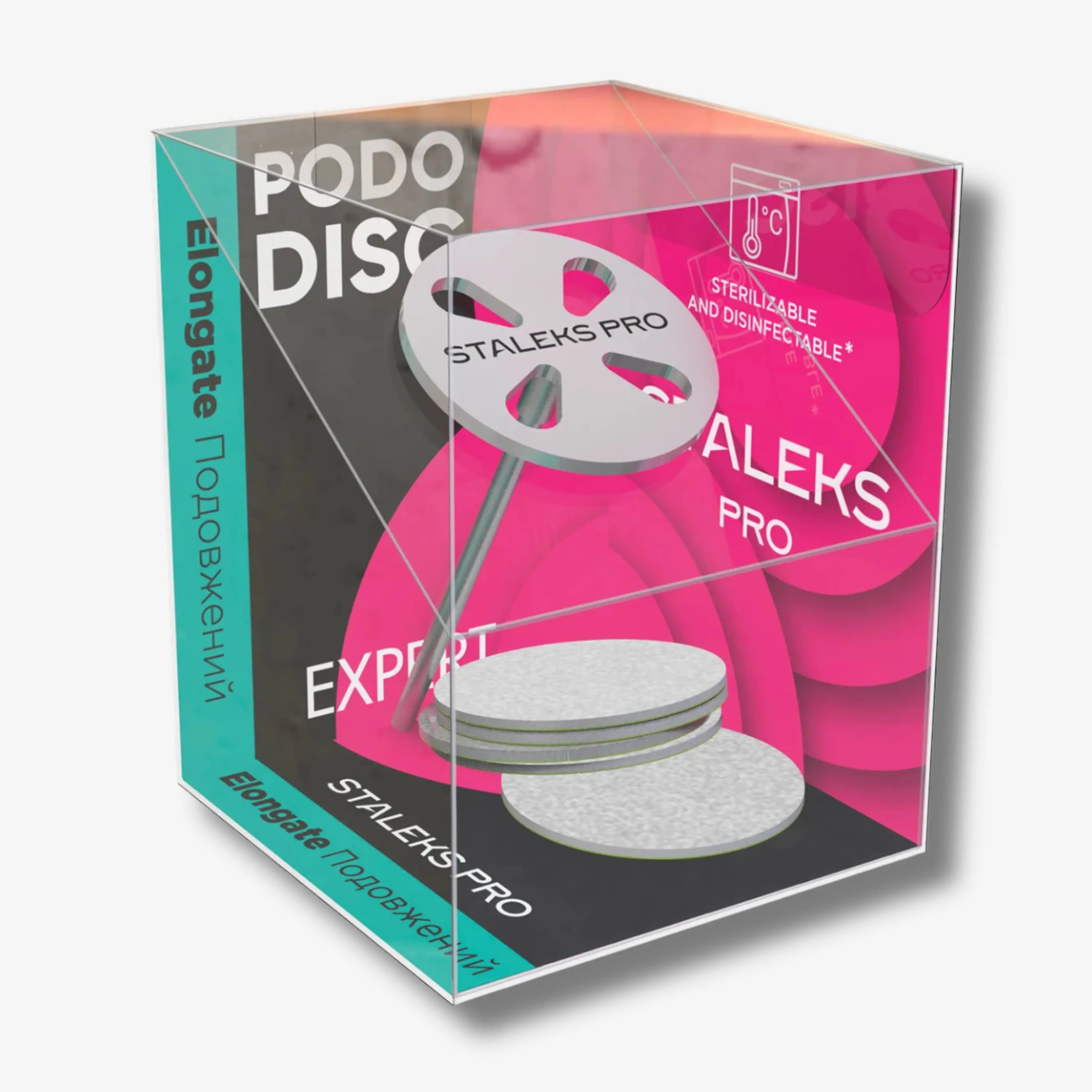PODODISC M EXPERT elongated pedicure disc (20 mm) with 5 disposable 180-grit files. Stainless steel, scratch-resistant, vacuum-compatible, and sterilization safe.