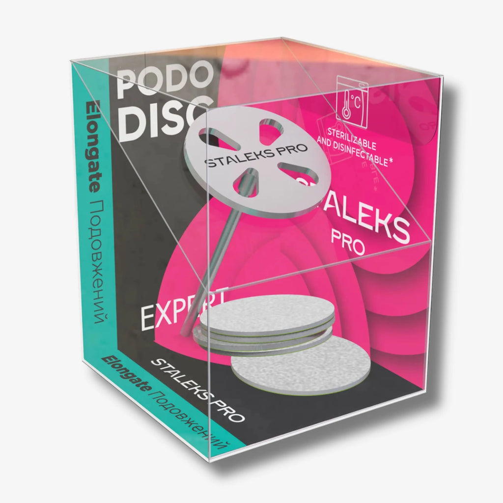 PODODISC L EXPERT elongated pedicure disc (25 mm) with 5 disposable 180-grit files. Durable, scratch-resistant, vacuum-compatible, and sterilization safe.