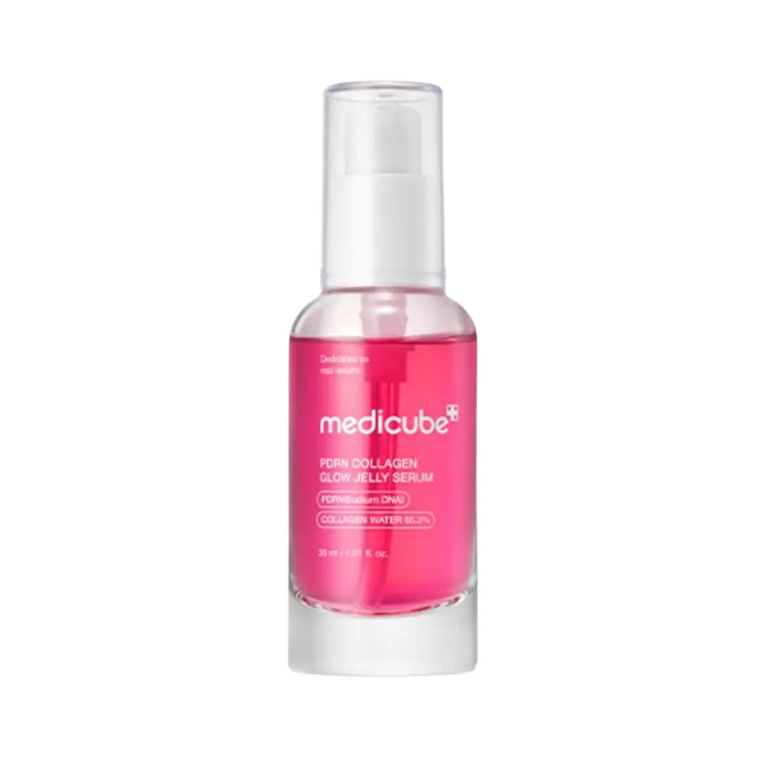 Medicube pink collagen glow jelly serum bottle on a white background