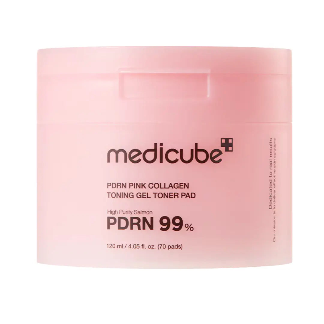 Medicube PDRN Pink Collagen Toning Gel Toner Pad jar containing 70 pre-soaked gel toner pads