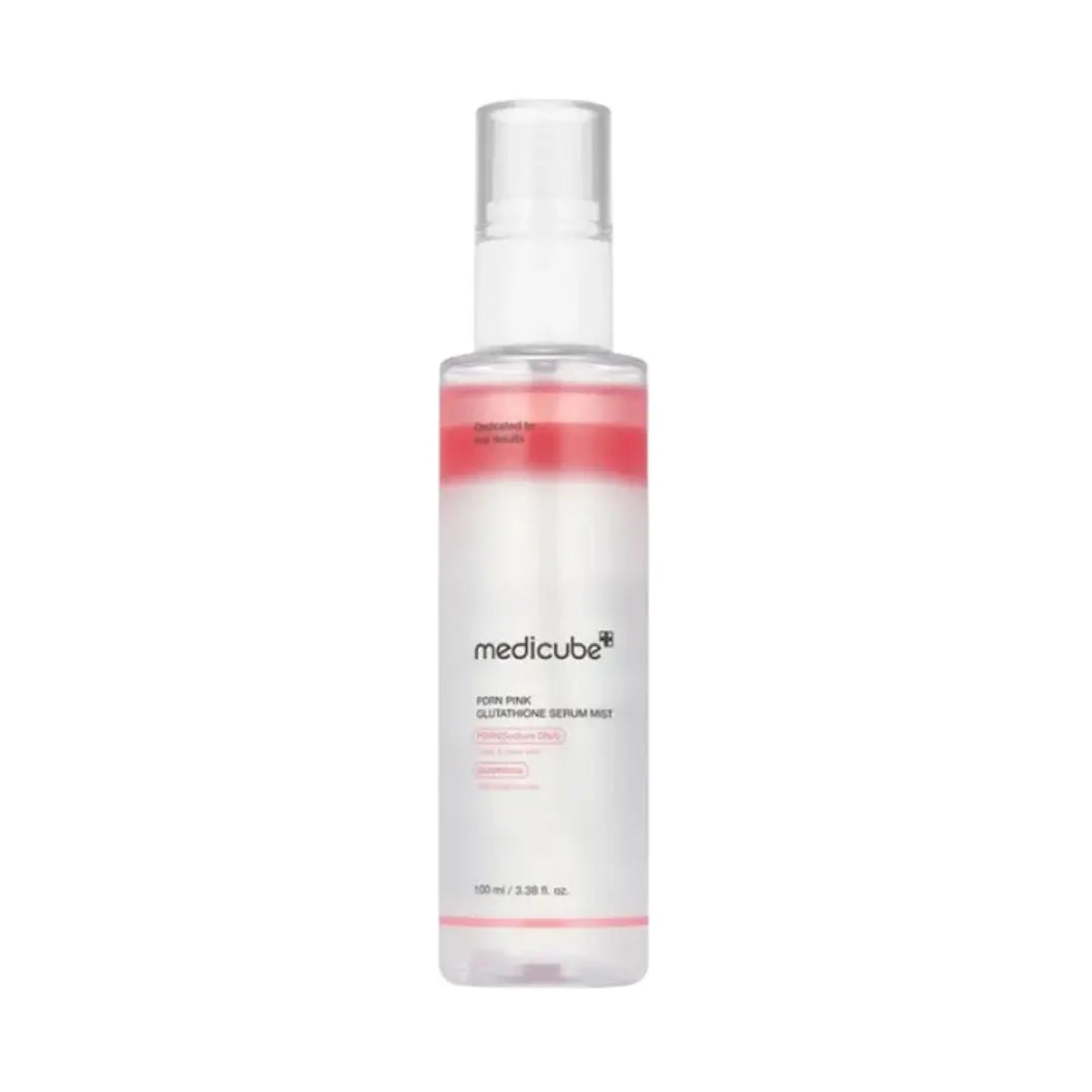 Medicube PDRN Pink Glutathione Serum Mist 100ml spray bottle showing brightening facial mist