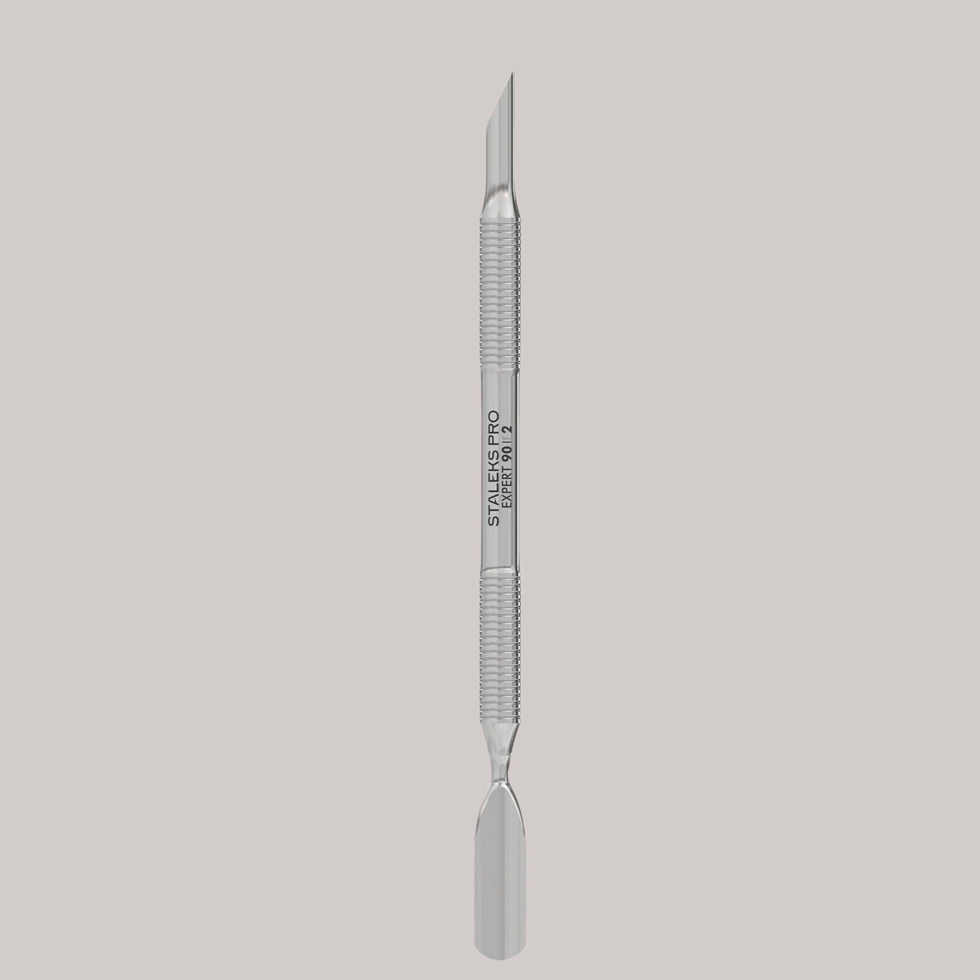 Manicure Pusher EXPERT 90 TYPE 2
"EXPERT 90 TYPE 2 Manicure Pusher with beveled slant pusher and rounded wide pusher for cuticle care, nail cleaning, and gel polish removal.