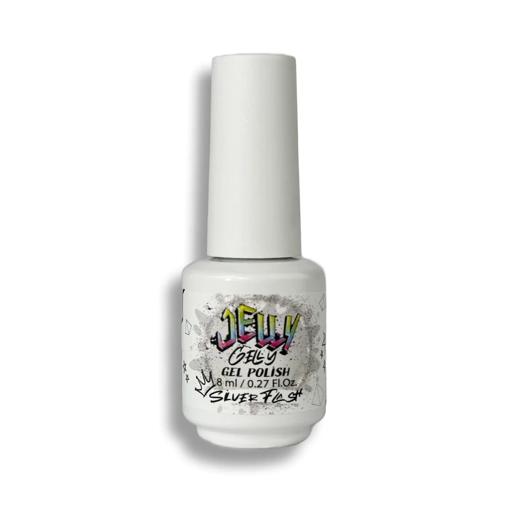 Jelly Gelly Gel Polish Silver Flash – shimmering silver gel polish with a glossy finish in an 8ml bottle.