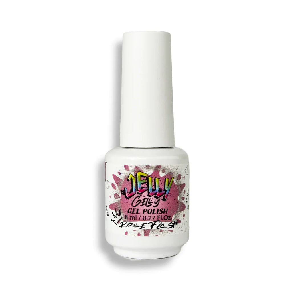 Jelly Gelly Gel Polish Rose Flash 8ml bottle with a light-reflecting rose shade, ideal for a glossy, elegant manicure.