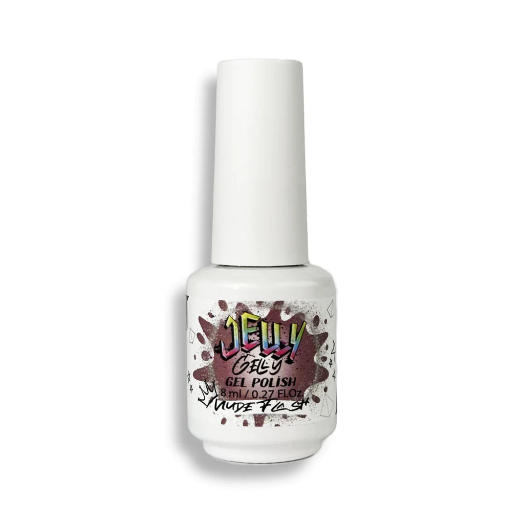 Jelly Gelly Gel Polish Nude Flash 8ml bottle with a light-reflecting nude shade, perfect for a glossy, elegant manicure.