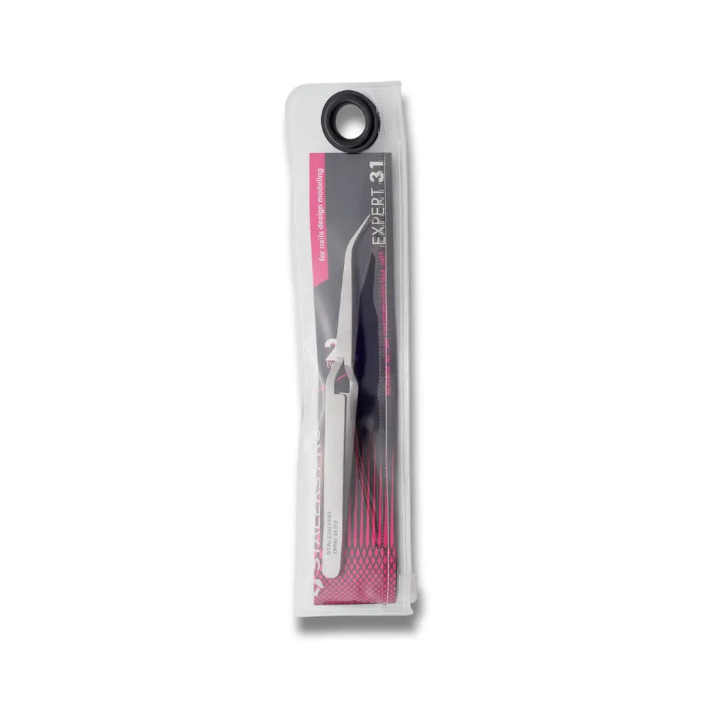 Curved cross-locking tweezer tips macro view, nail modeling instrument