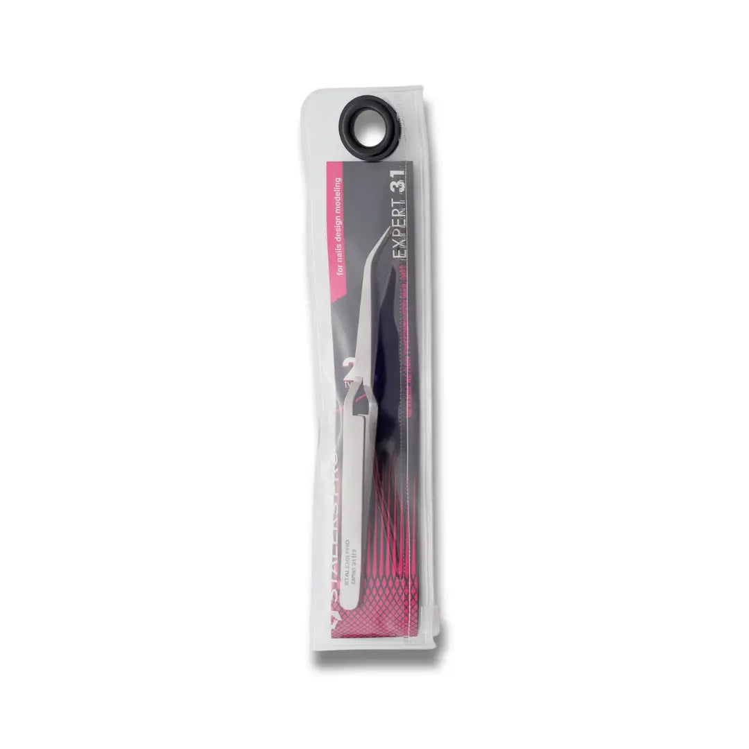 Curved cross-locking tweezer tips macro view, nail modeling instrument