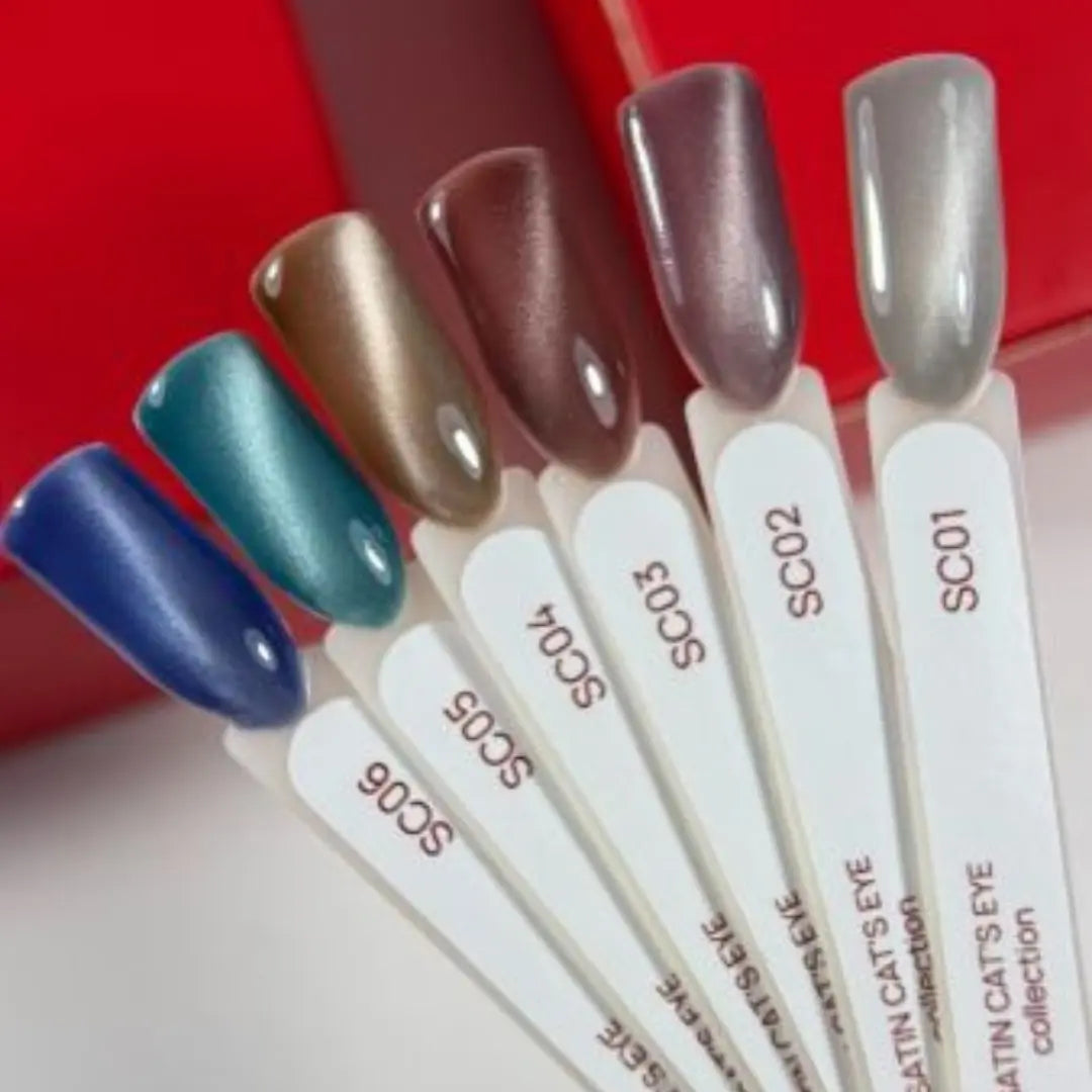 Set of nail polish samples with color names on a red background