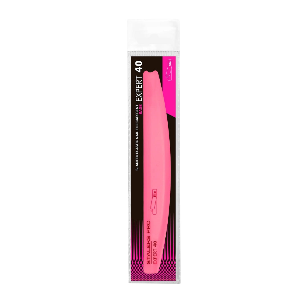 Crescent Beveled Plastic Base For Nail File EXPERT 40, 162 x 25 mm, suitable for disposable crescent-shaped adhesive files, hygienic, disinfection-safe, and ideal for manicures and pedicures.

