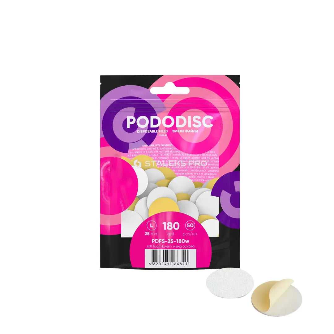 Staleks Expert 25 Pododisc L adhesive pedicure files on soft foam layer, 180 grit, 50-piece pack, single-use white abrasive files