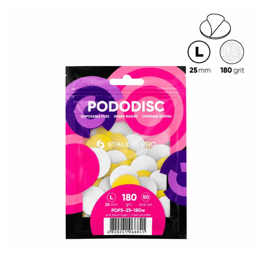 Staleks Expert 25 Pododisc L adhesive pedicure files on soft foam layer, 180 grit, 50-piece pack, single-use white abrasive files