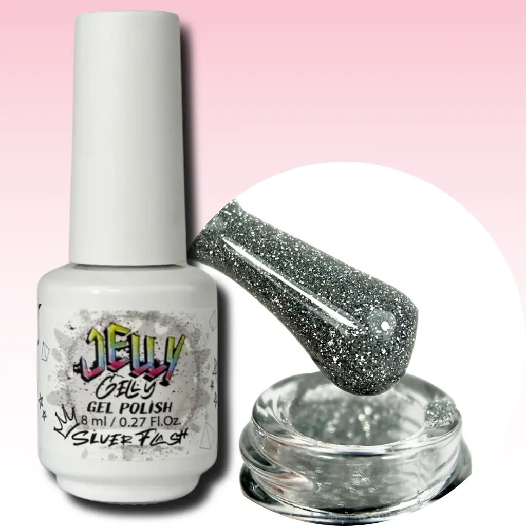 Jelly Gelly Gel Nail Polish in Silver Flash – shimmering silver gel polish bottle, 8ml

