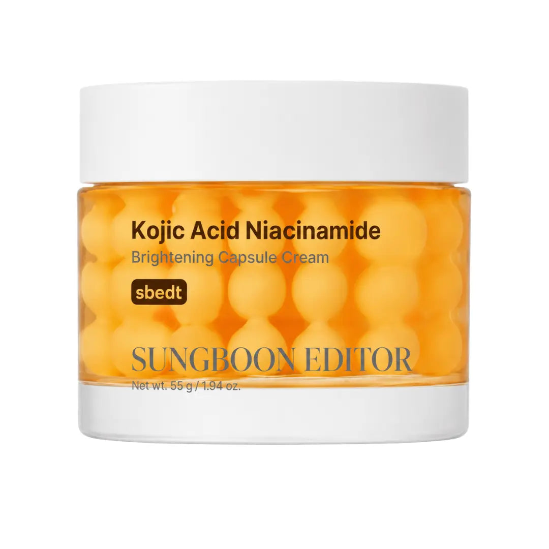 Sungboon Editor Kojic Acid Niacinamide Brightening Capsule Cream 55g jar with orange capsules, brightening moisturiser for dark spots